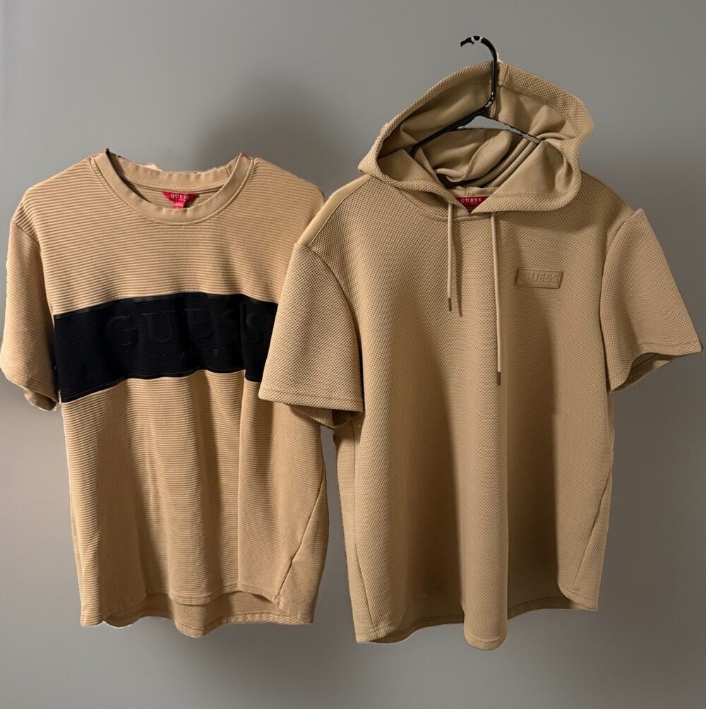 Guess Men’s T Shirt+Short Sleeve Hoodie XL Tan (Bundle Of 2) - Picture 1 of 10